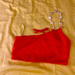 Maygel Coronel orange swim top off the shoulder with beads